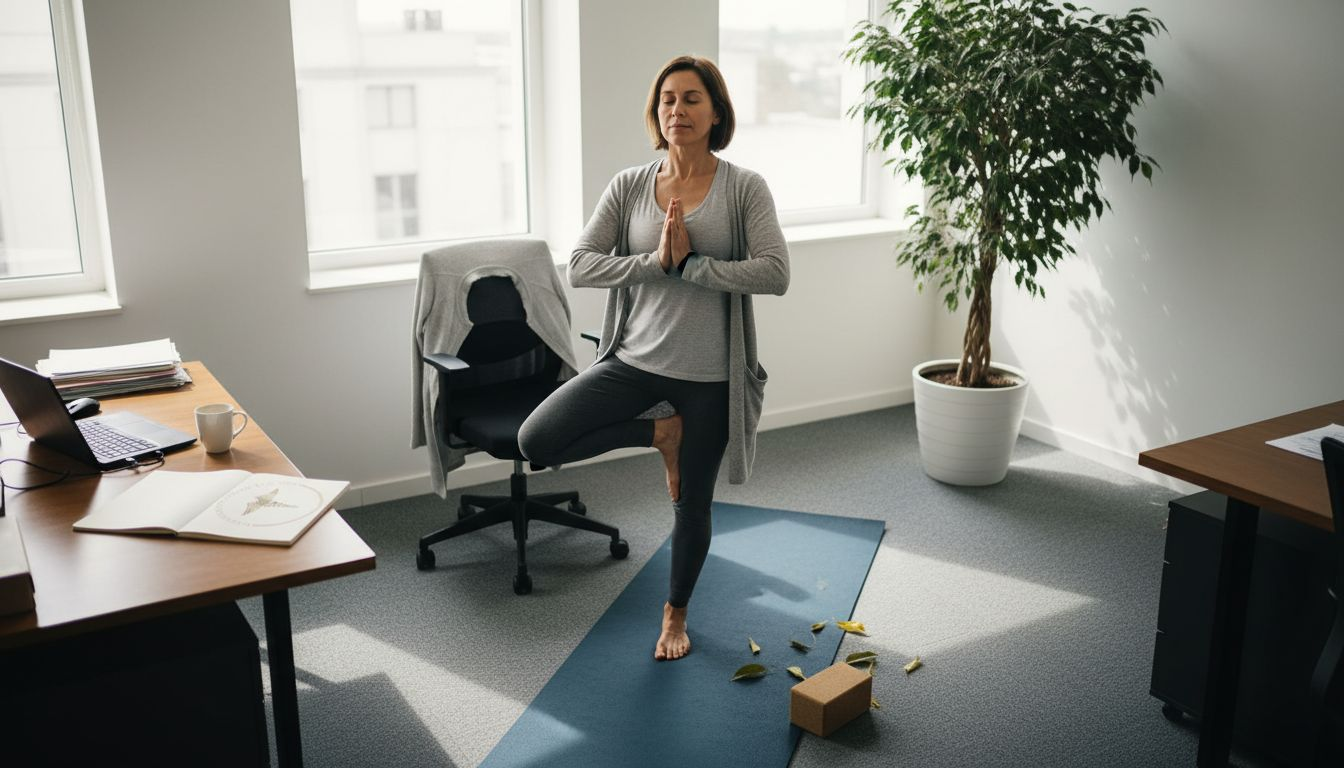 Vantagens do yoga para profissionais: mulher a praticar yoga no local de trabalho para promover o equilíbrio emocional