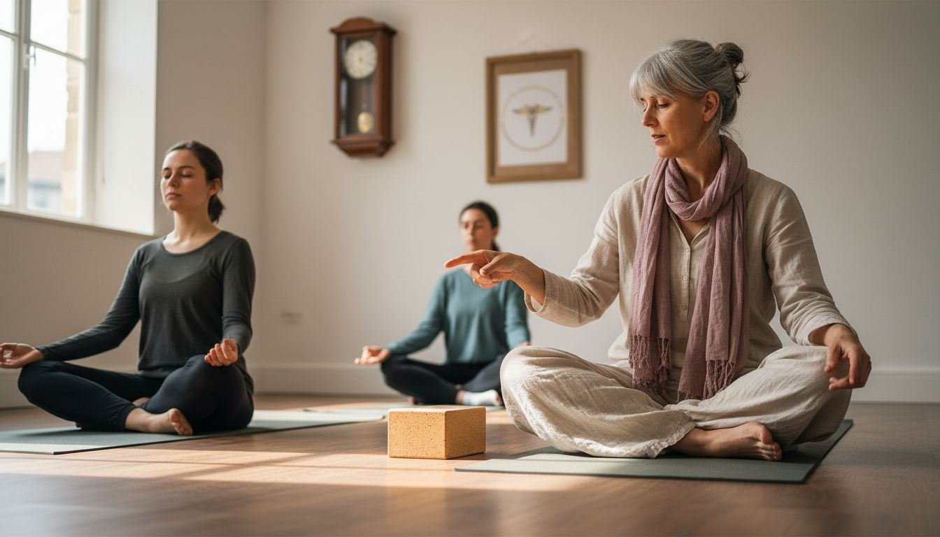 O papel do professor de yoga: a Instrutora conduz aula de yoga, orientando o grupo nas diferentes posturas.