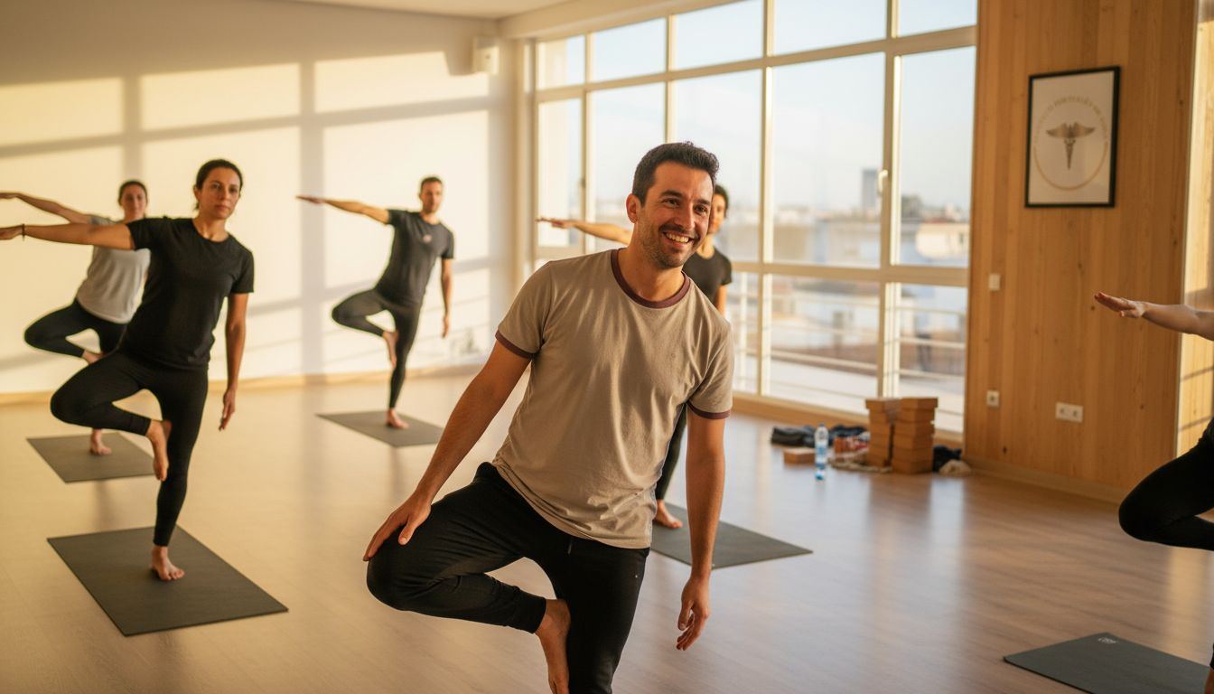 yoga vs meditação Um grupo de pessoas de diferentes idades e origens pratica yoga num estúdio cheio de luz natural.