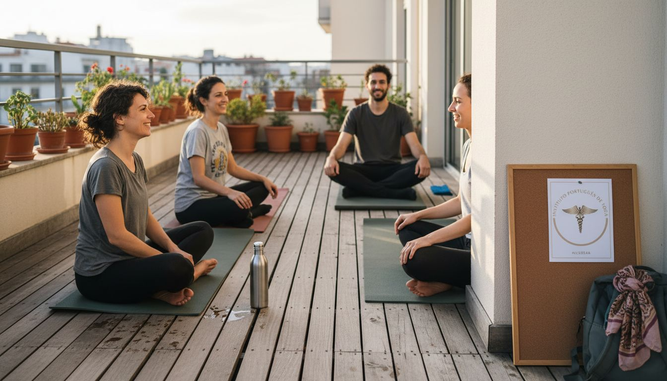 filosofia do yoga: um grupo relaxa à conversa, sentado ao sol e conversa.