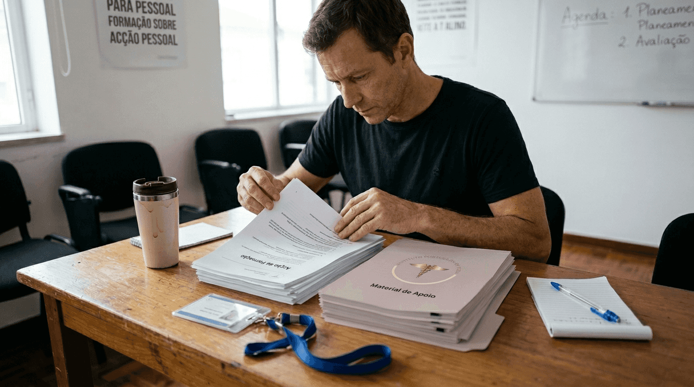 Homem revê documentação de certificação em yoga e faz apontamentos num bloco de notas
