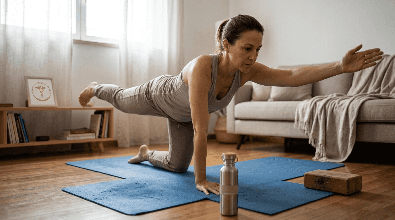 práticas de yogaterapia: mulher a praticar uma postura de yoga focada no fortalecimento, de forma tranquila e controlada.