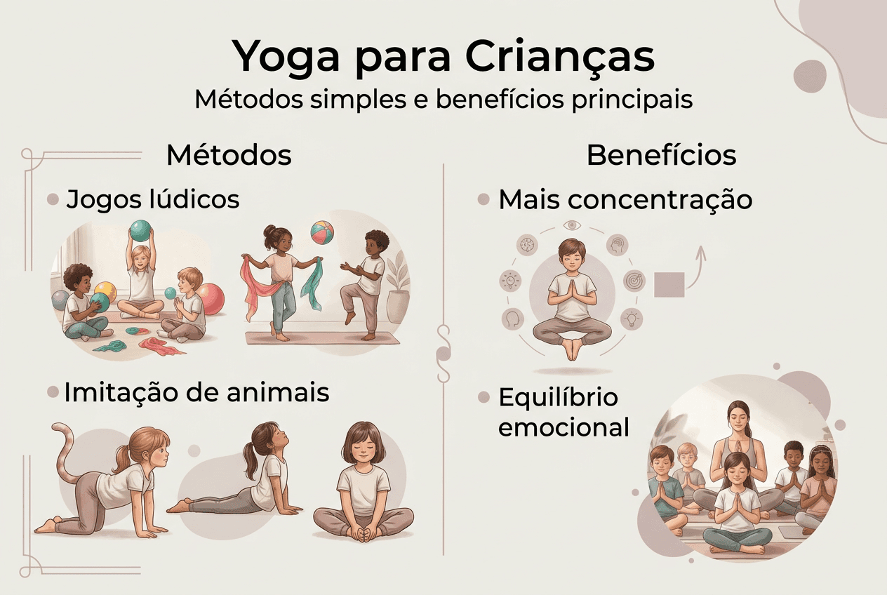 Infográfico sobre as principais técnicas e vantagens do yoga para crianças