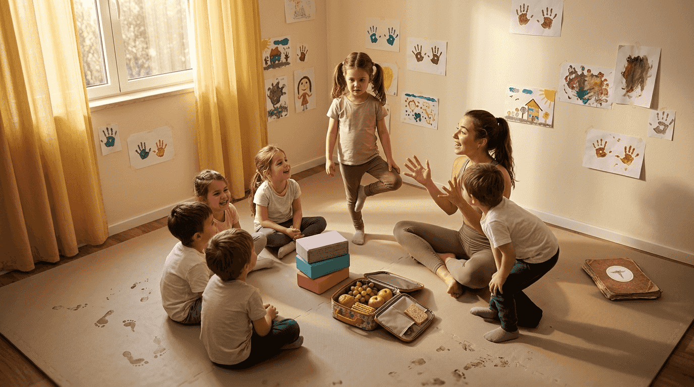 Como ensinar yoga para crianças: A professora de yoga a partilhar uma história com crianças