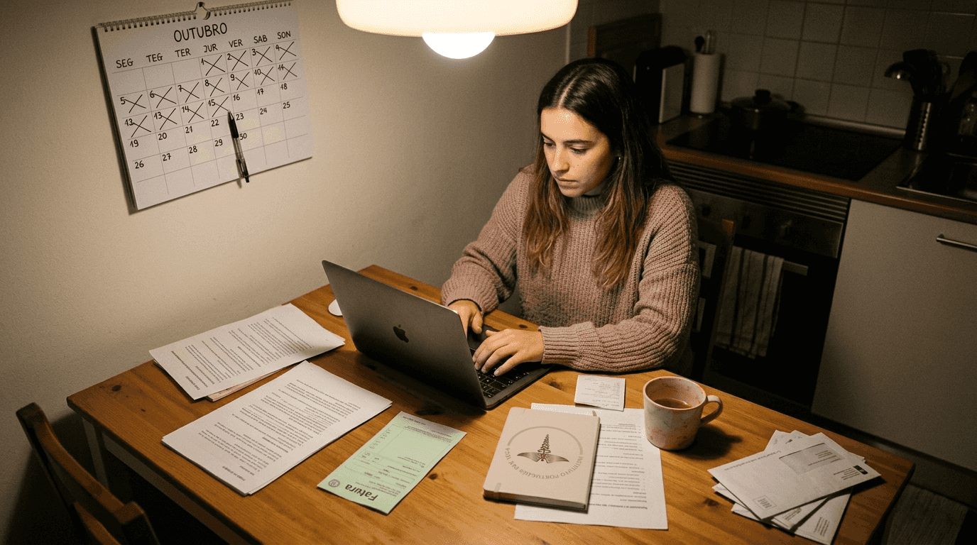 Reconhecimento profissional do yoga: Instrutora sentada à mesa da sala a organizar documentos.