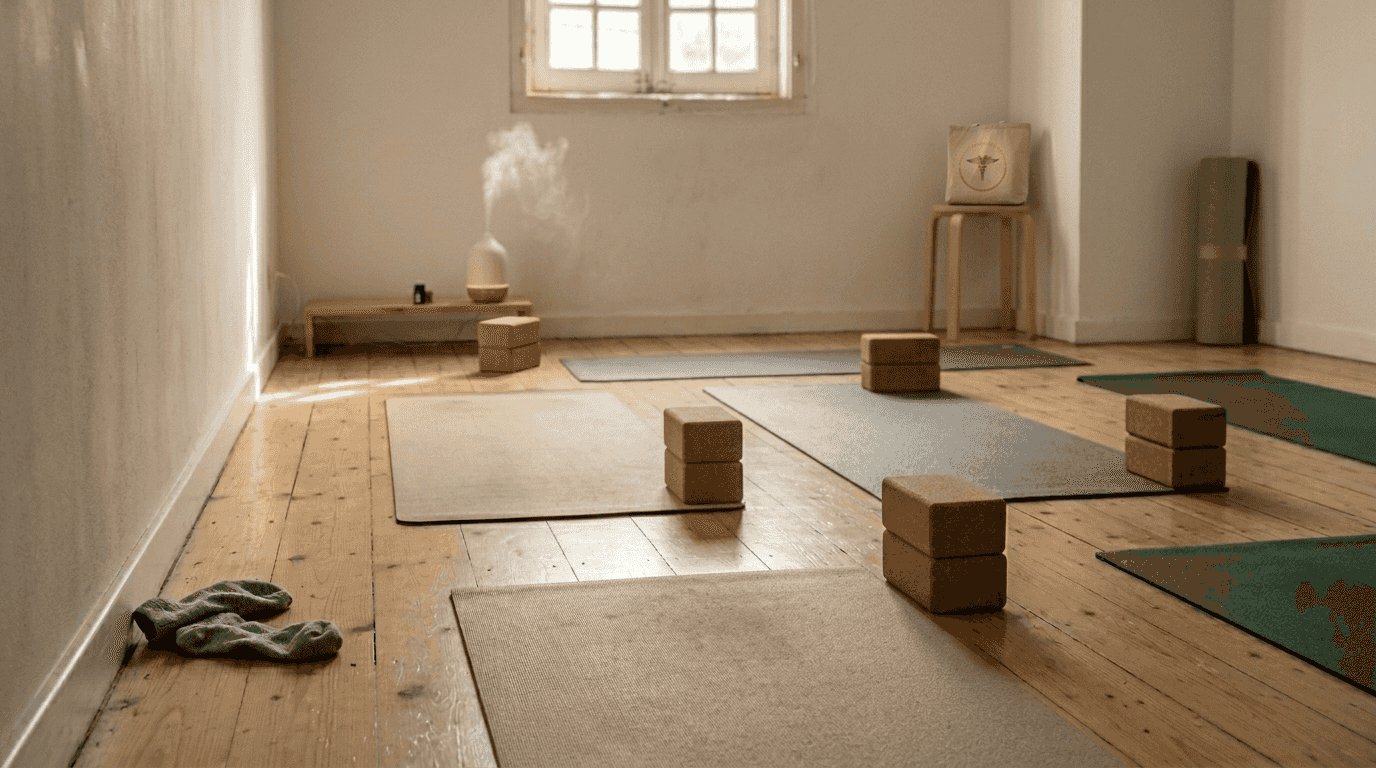Sala de yoga preparada para a aula, com atenção ao pormenor