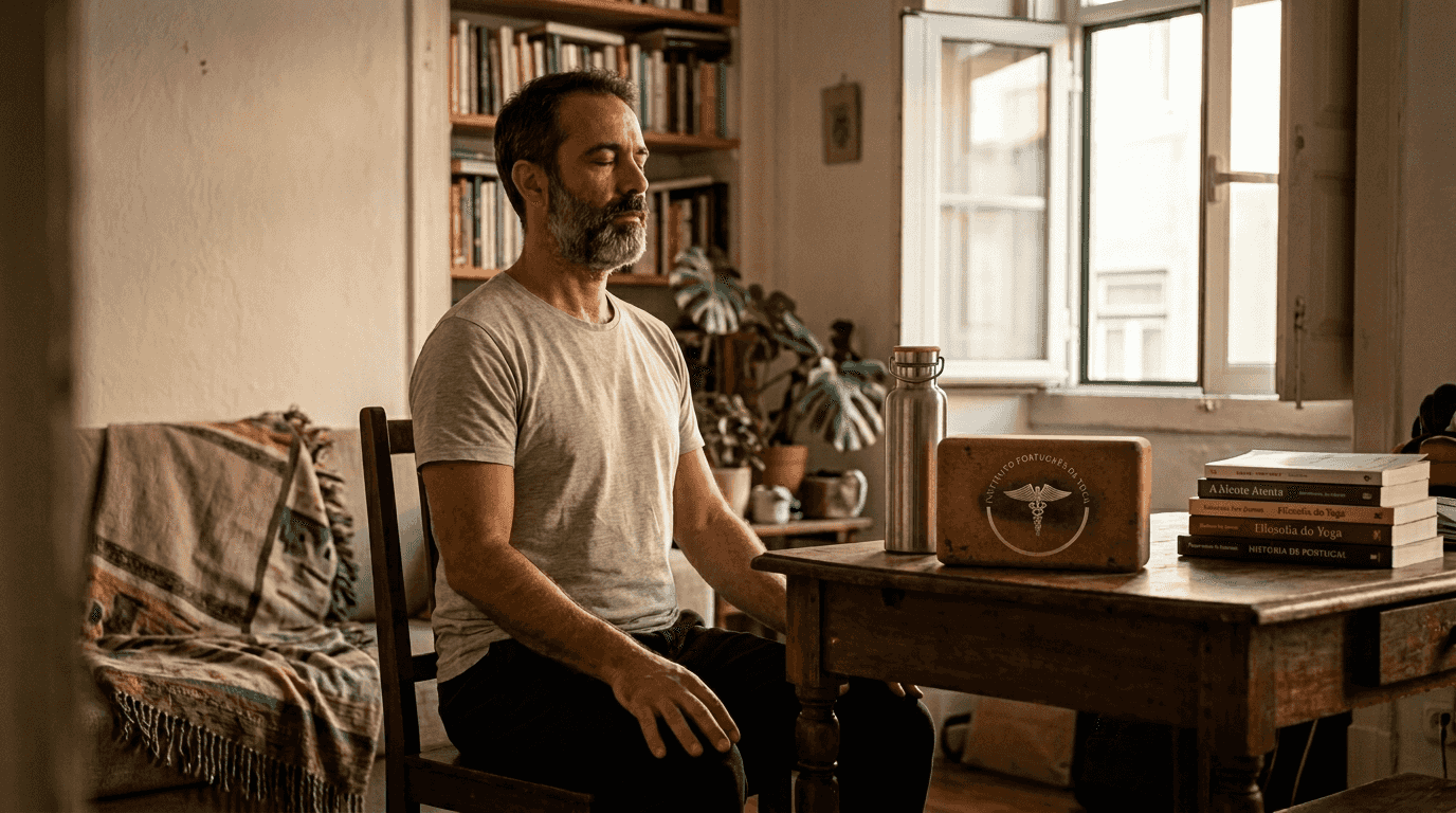 Fundamentos do yoga tradicional: Homem a fazer exercícios de respiração pranayama em casa