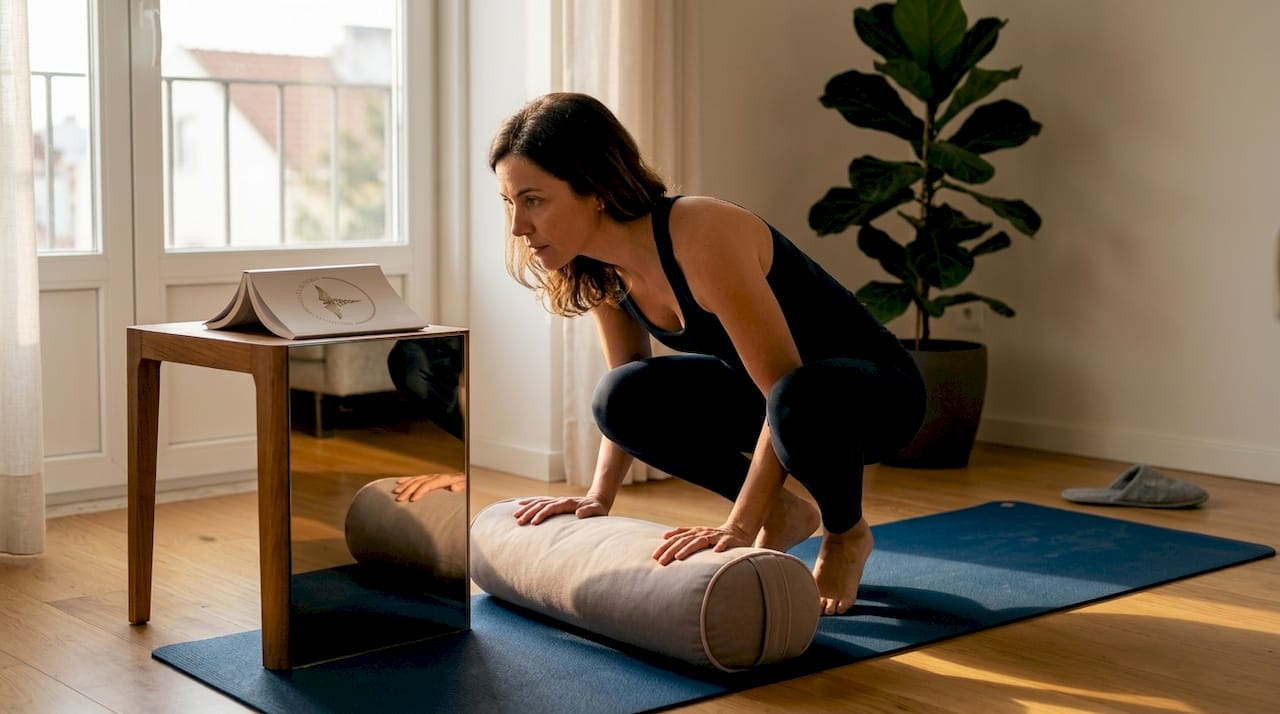 guia passo a passo yoga: Pessoa a corrigir a postura durante uma sessão.