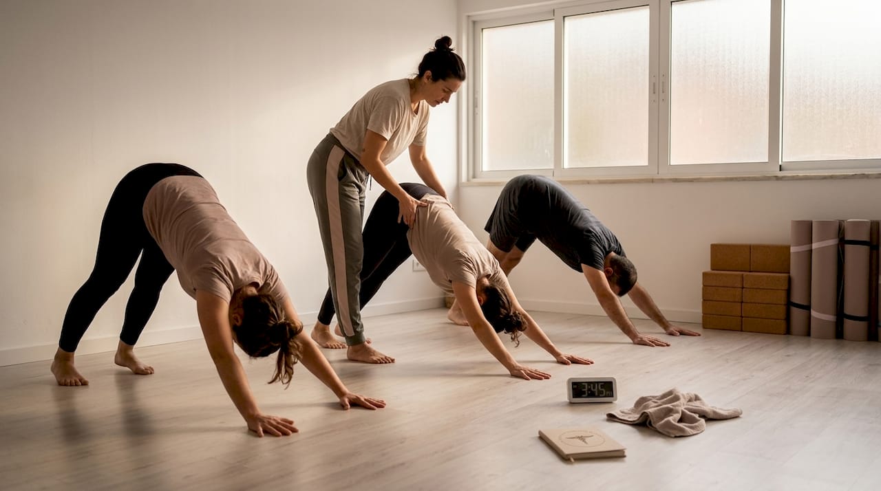 asanas essenciais de yoga: Praticantes a experimentar a postura do cão voltado para baixo.