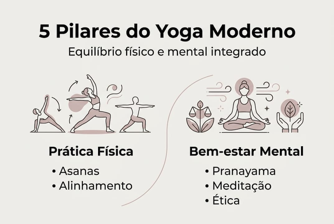 Infográfico a destacar os principais fundamentos do yoga contemporâneo