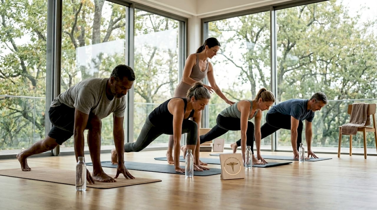 Princípios do yoga moderno: um grupo de adultos faz uma aula de yoga guiada por um instrutor.