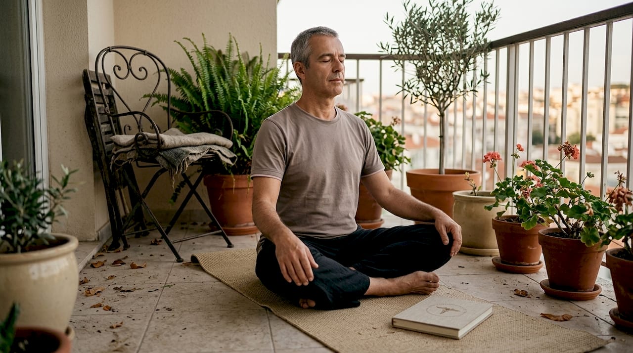 Ciência por trás do yoga: um homem relaxa na varanda a meditar.