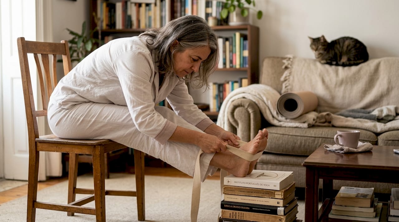 O que é yoga inclusivo, mulher pratica yoga adaptado, recorrendo a uma cadeira e a outros acessórios de apoio.