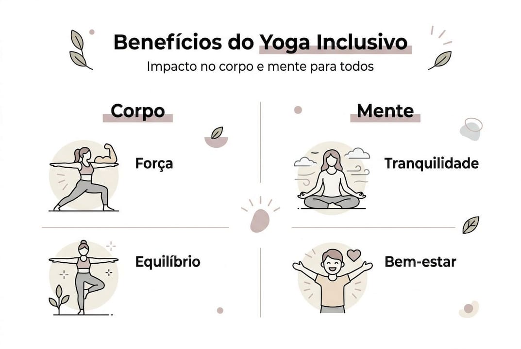 Infográfico: Vantagens do yoga inclusivo para o bem-estar físico e mental