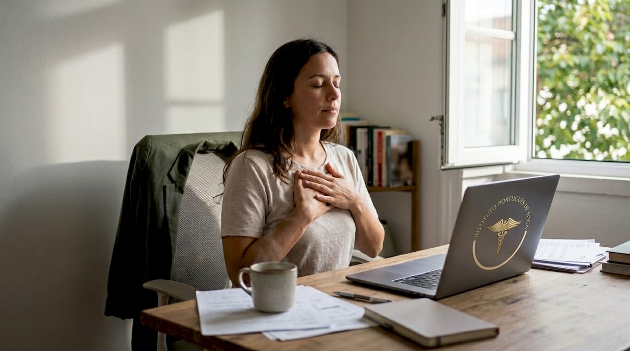 respiração consciente no yoga: Durante o trabalho, uma mulher faz uma pausa para se concentrar na respiração.