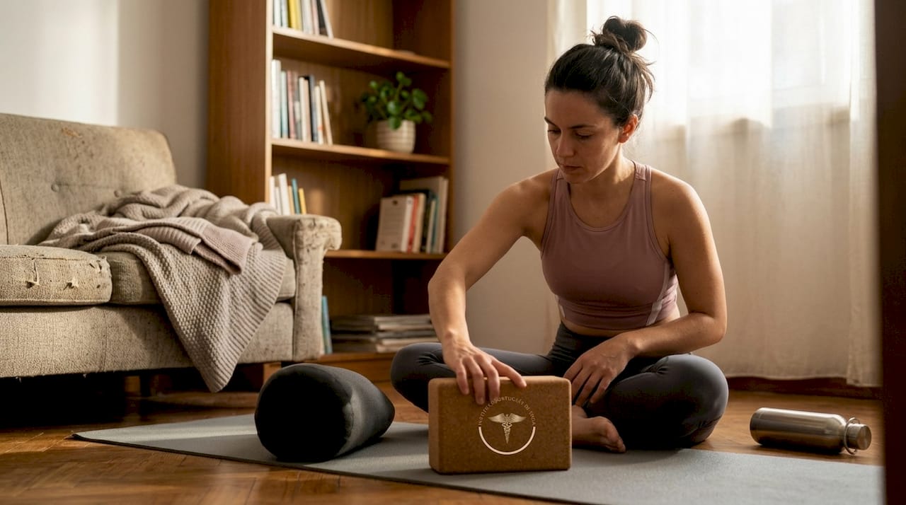 Mulher organiza-se para uma sessão de yoga no conforto de casa