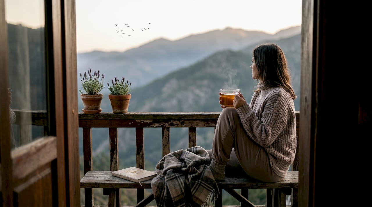 Participante desfruta de um momento de tranquilidade na varanda, rodeado pela natureza.