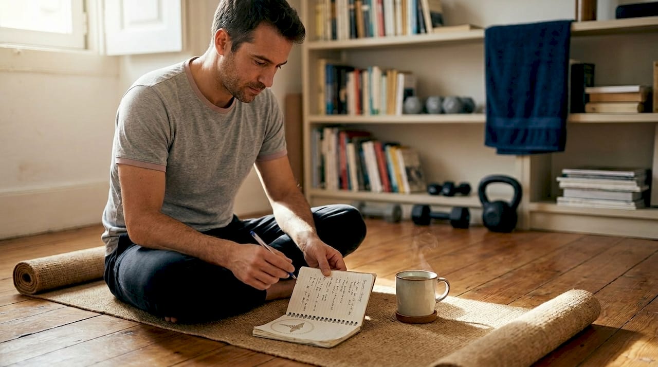 Homem revê as suas notas enquanto se prepara para a aula de yoga
