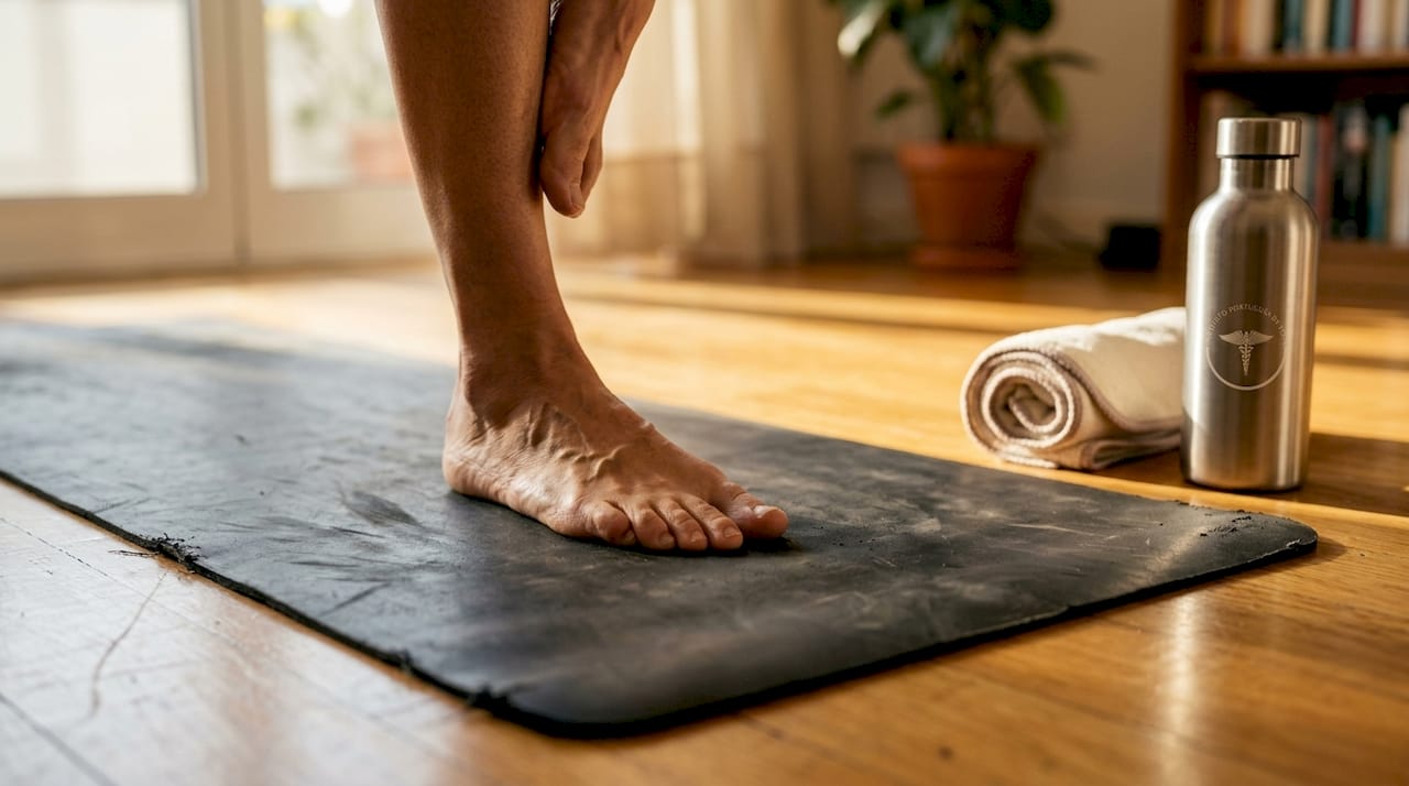 Detalhe do alinhamento dos pés no tapete de yoga