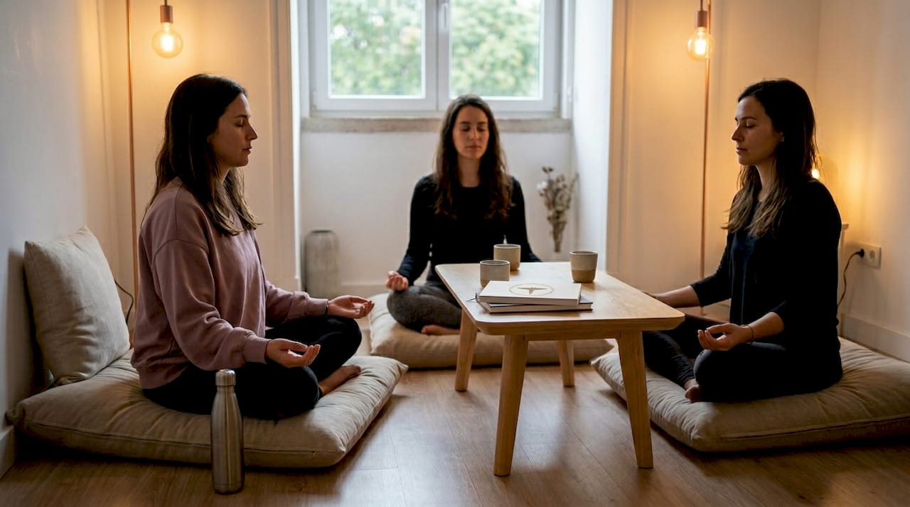 workshops de yoga a meditar numa sala de estar acolhedor em Lisboa