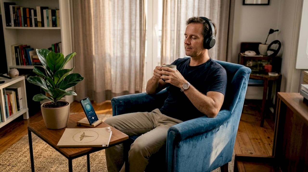 Homem relaxa na sala enquanto segue uma meditação guiada