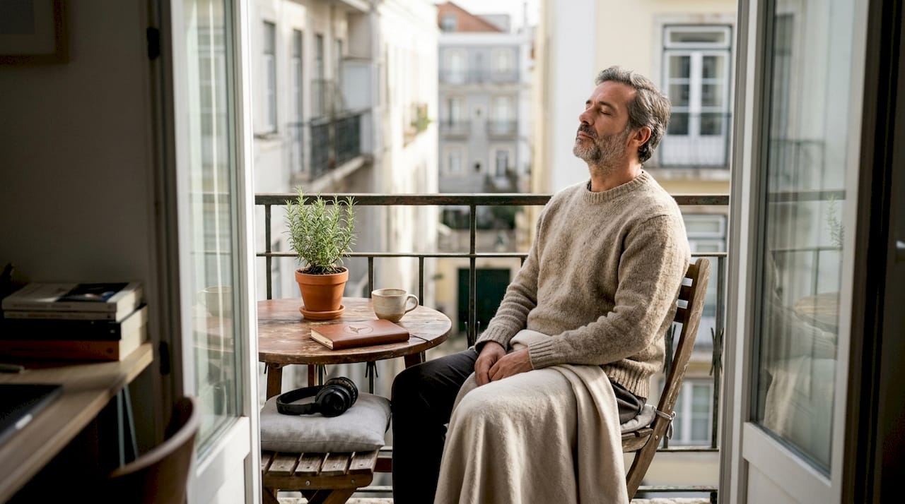 Importância do relaxamento guiado: Homem aproveita um momento de relaxamento na varanda