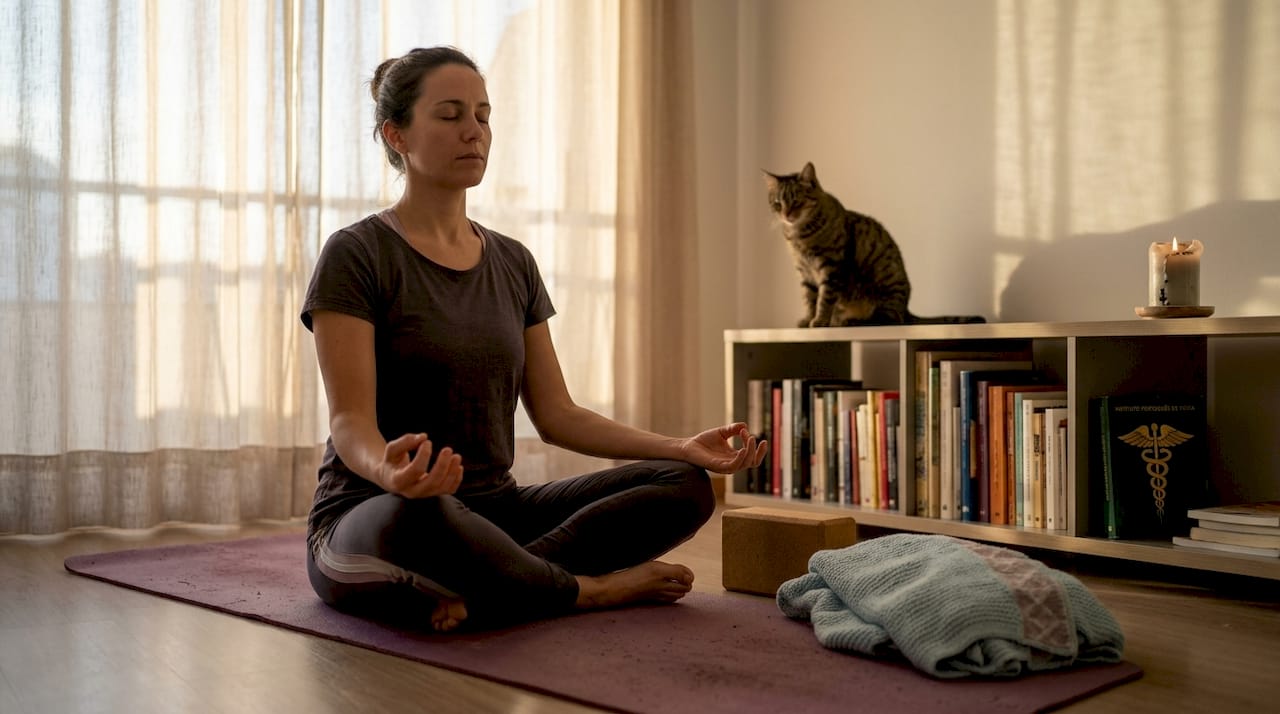 diferença entre yoga e pilates: mulher prepara-se em casa para uma sessão de yoga