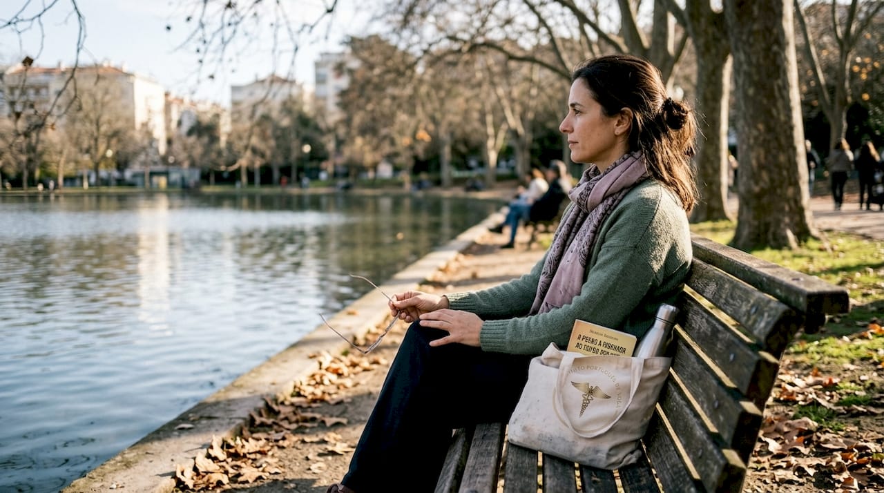 Senhora serena sentada num banco de jardim