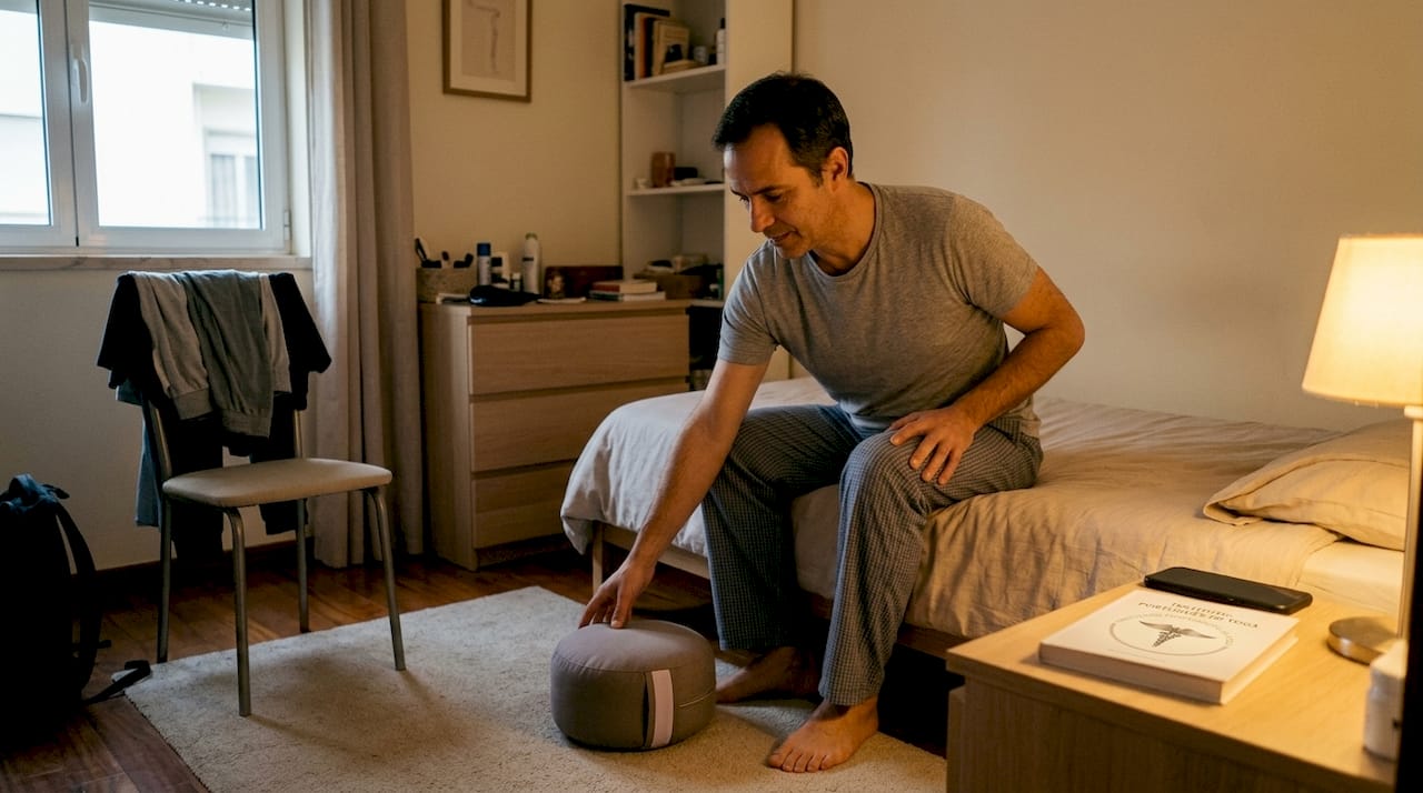 Antes de começar a meditar, o homem arruma o quarto.