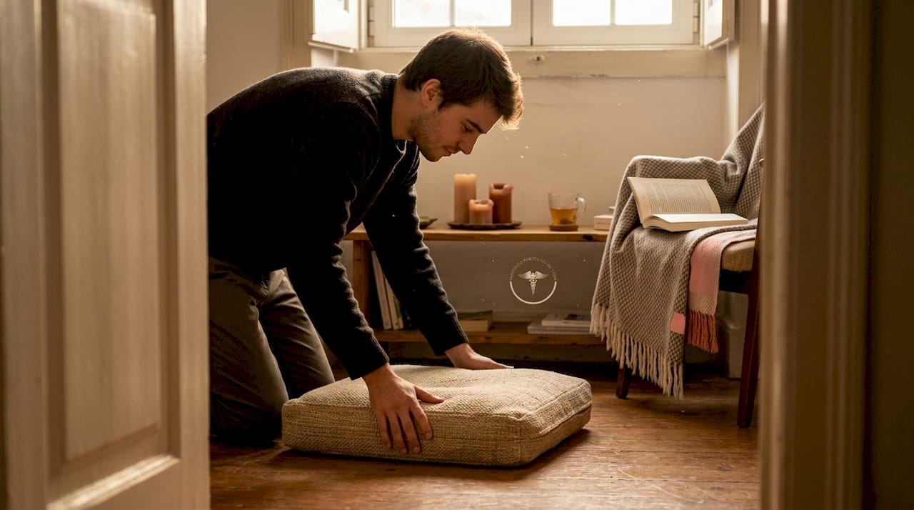 Homem cria ambiente sereno para meditação