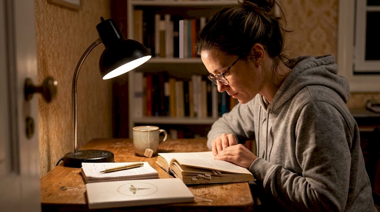 Meditações Marco Aurélio: Mulher sentada a ler um livro de filosofia à luz de um candeeiro.