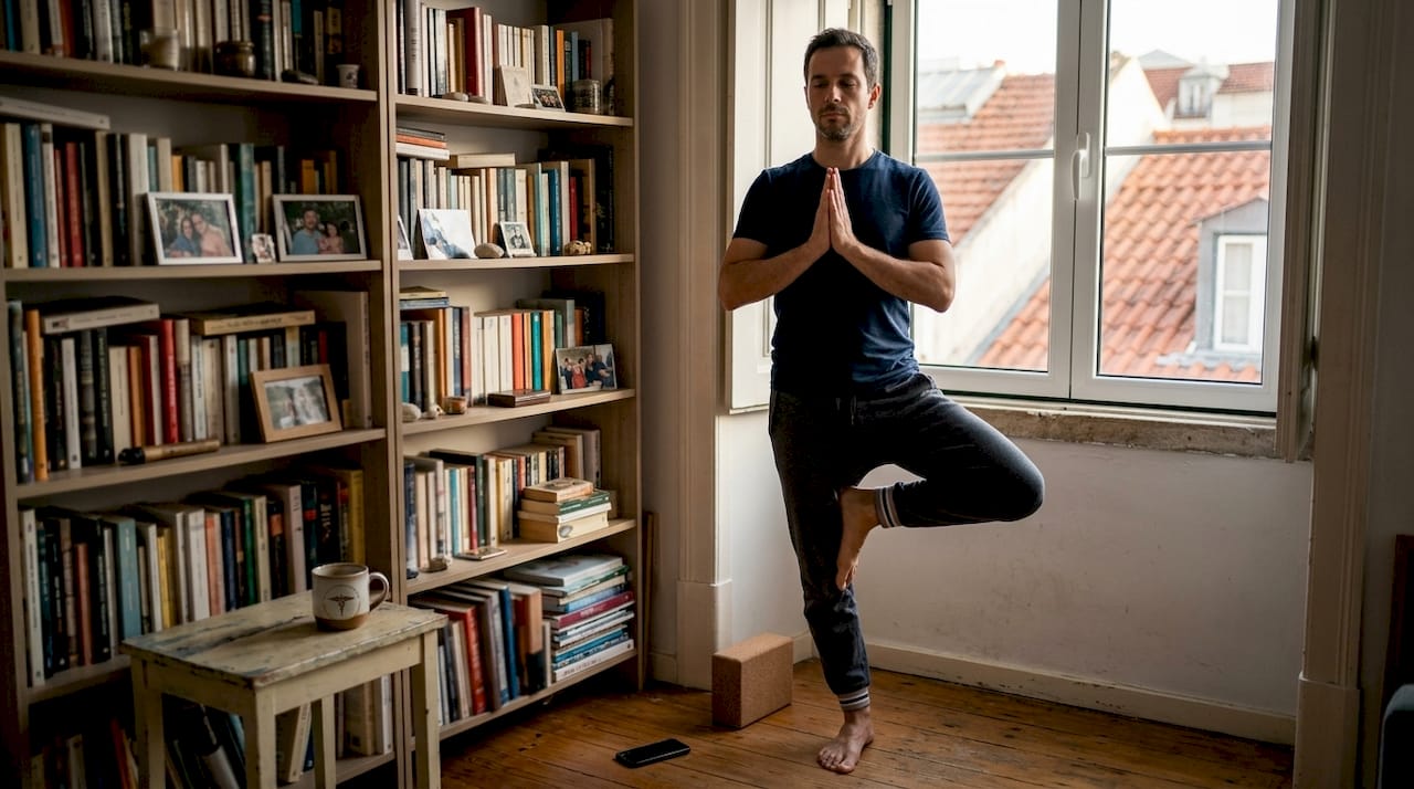 Homem a fazer a posição da árvore junto a uma estante de livros