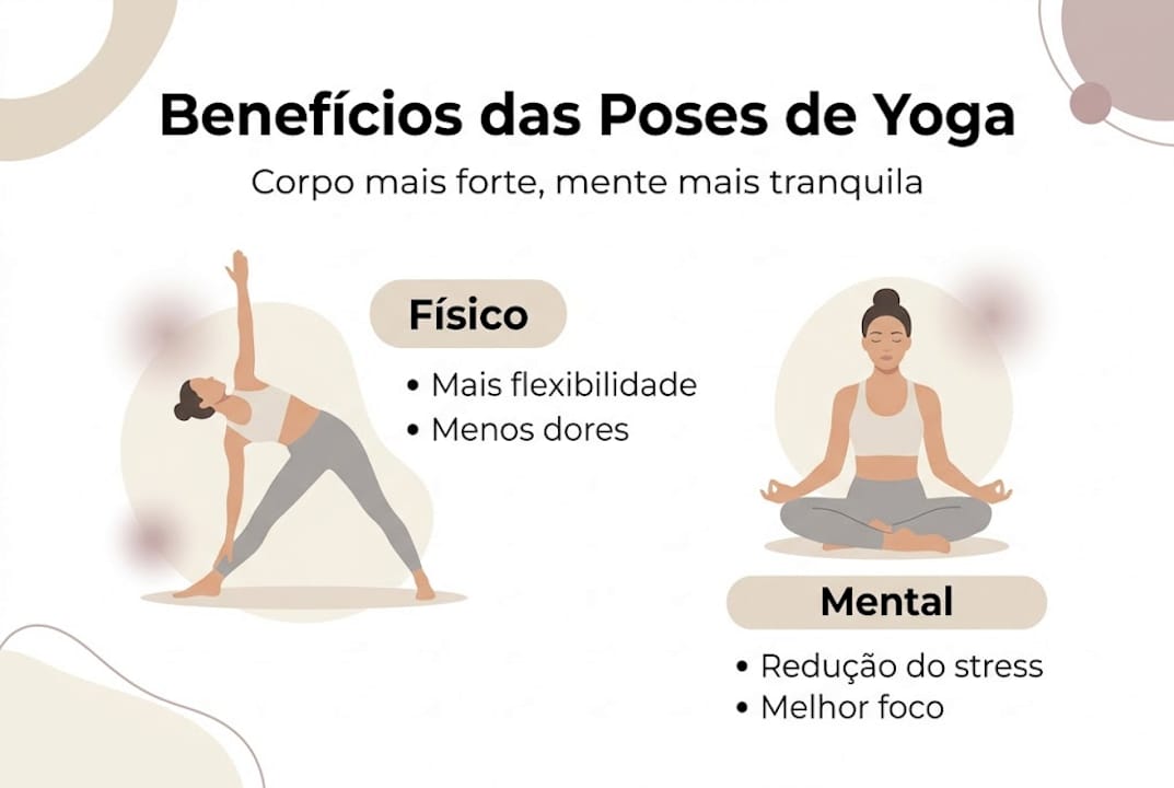 Infográfico sobre os principais benefícios das posturas de yoga