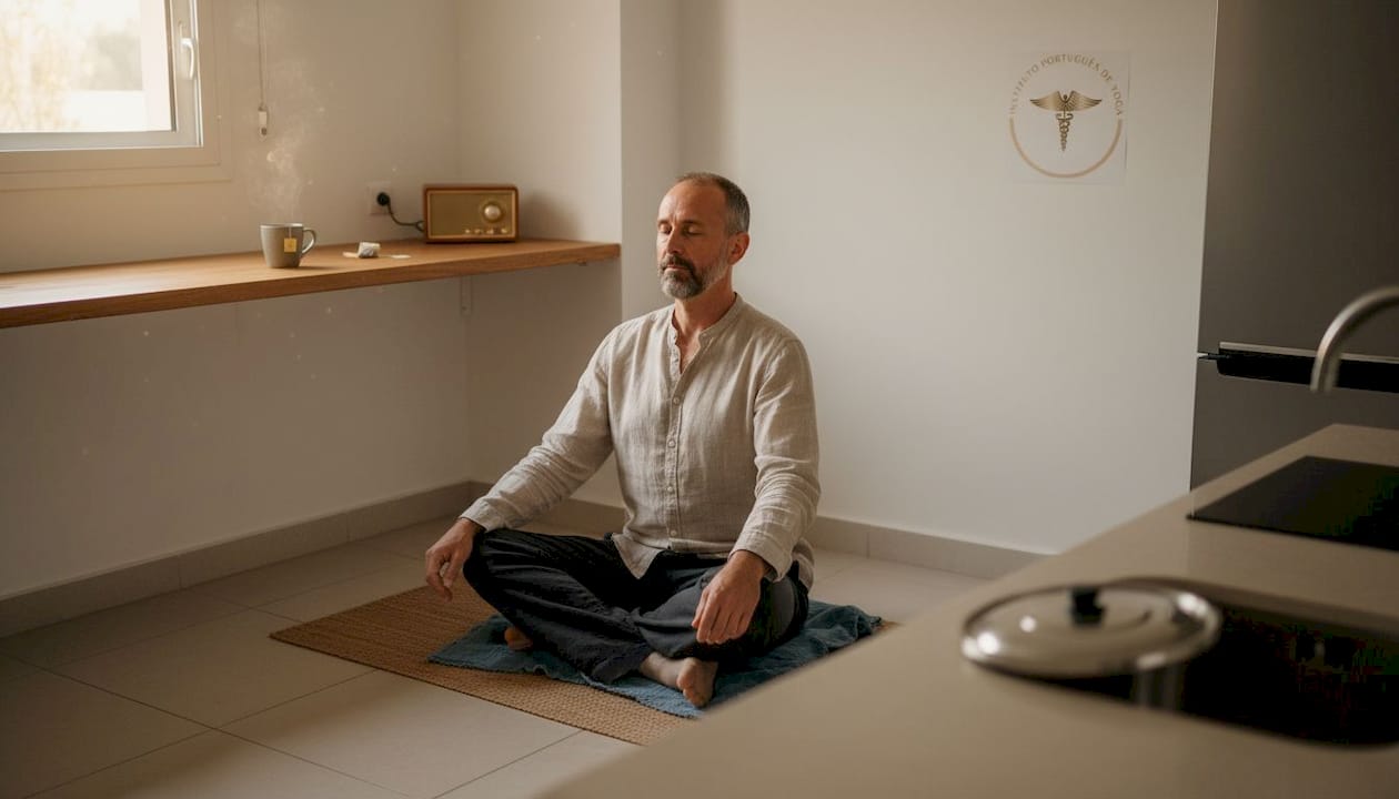 Homem a praticar uma postura de yoga enquanto respira de forma tranquila