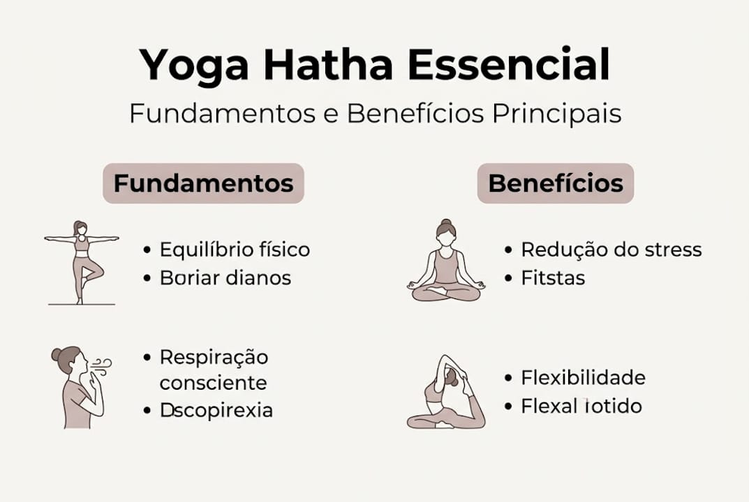 Infográfico sobre os princípios essenciais e as vantagens do yoga hatha