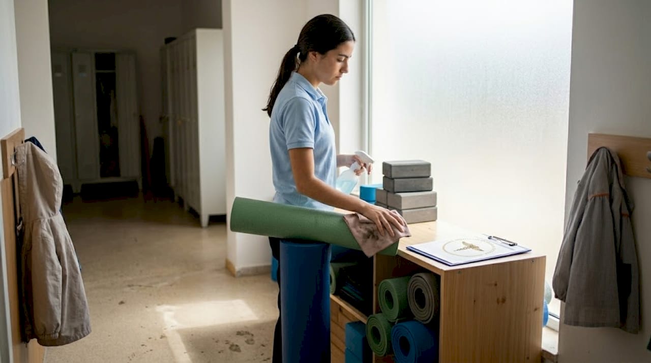Armário da escola com tapetes e blocos para praticar yoga