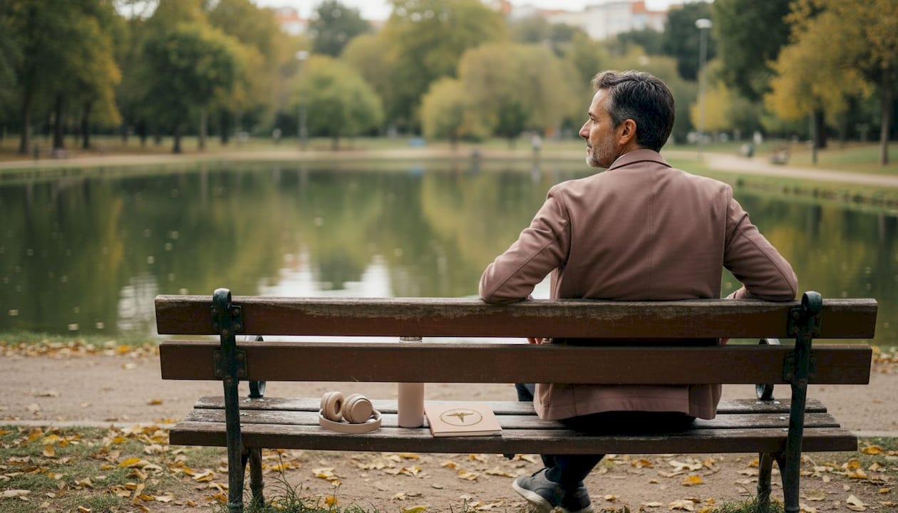 Homem a meditar e a desfrutar de um momento de tranquilidade num parque da cidade