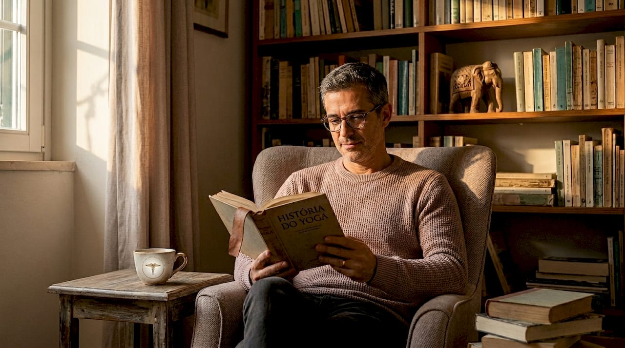 Homem dedica-se a investigar as origens do yoga numa biblioteca