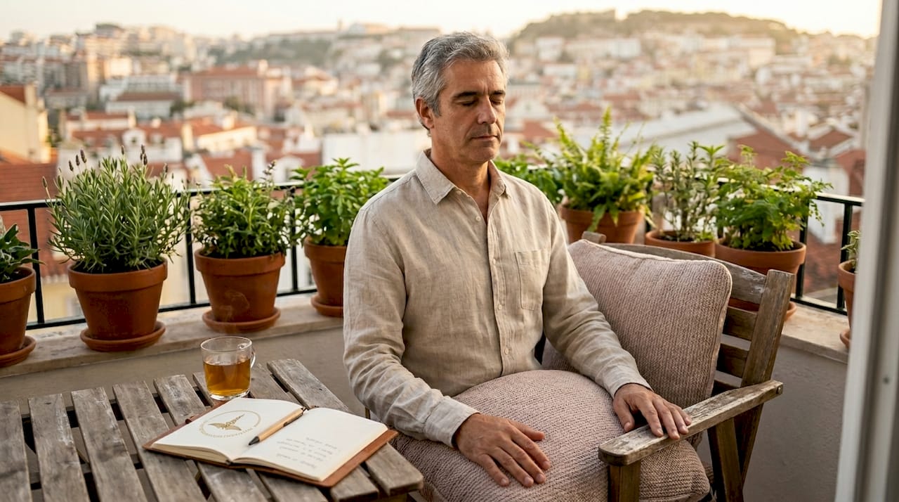 guia para aprofundar a filosofia do yoga: Homem sentado na varanda do apartamento, a saborear uma chávena de chá enquanto escreve num caderno e aproveita um momento de reflexão.