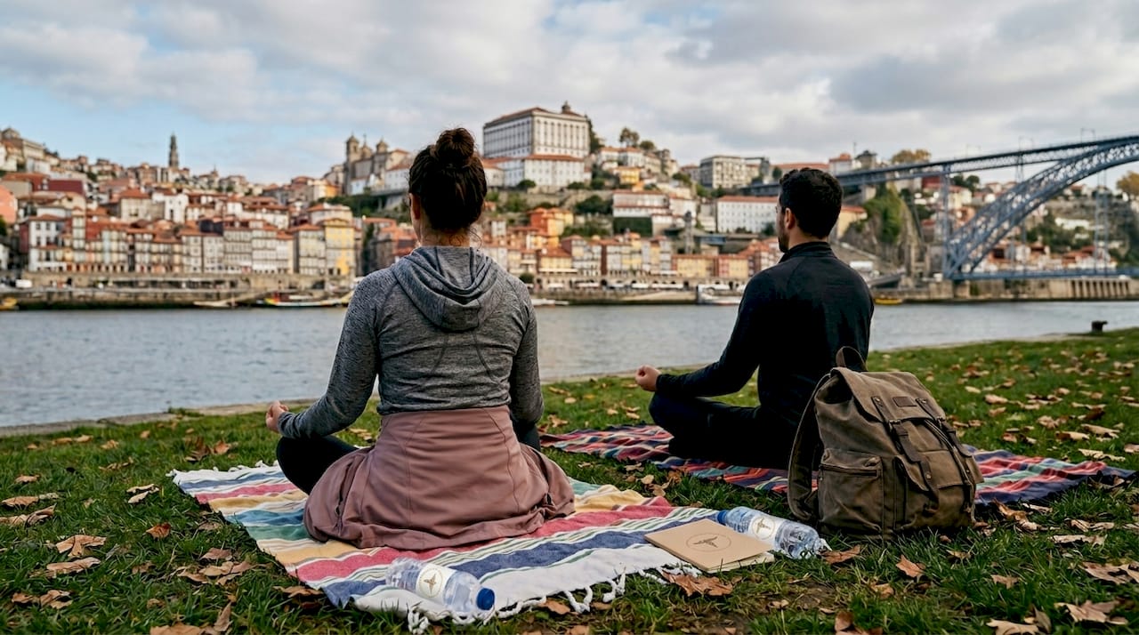 Praticantes sentados à beira do Douro, no Porto