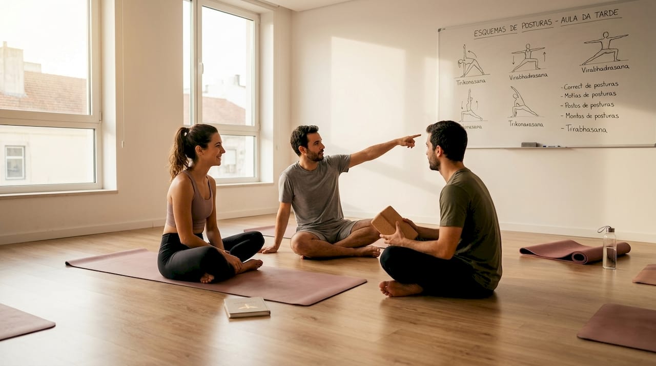 Um grupo de jovens troca impressões sobre yoga num estúdio.