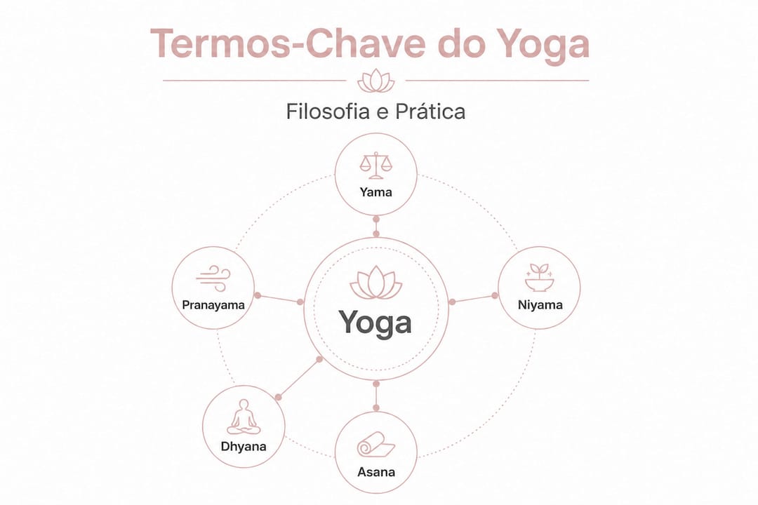 Esquema visual com os principais conceitos do yoga, organizados por ordem de importância