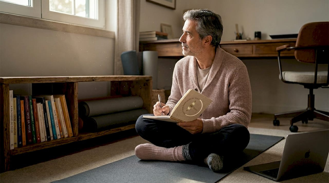 Homem a escrever sobre as suas experiências com yoga, num ambiente tranquilo em casa.