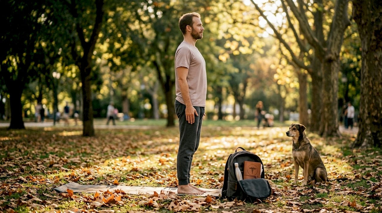 Homem sentado no parque a praticar yoga, com uma expressão tranquila.