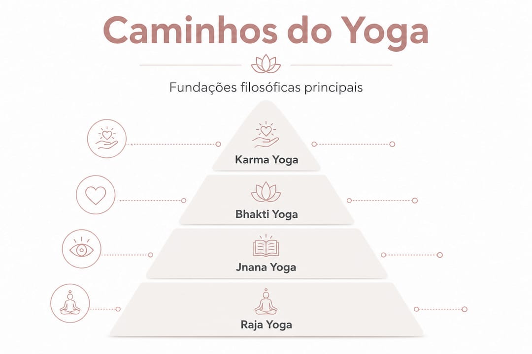 Infográfico com uma pirâmide ilustrativa dos diferentes caminhos do yoga