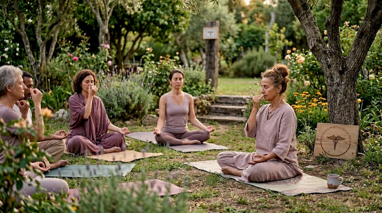 Um grupo reúne-se numa sala simples para praticar exercícios de respiração prāṇāyāma.