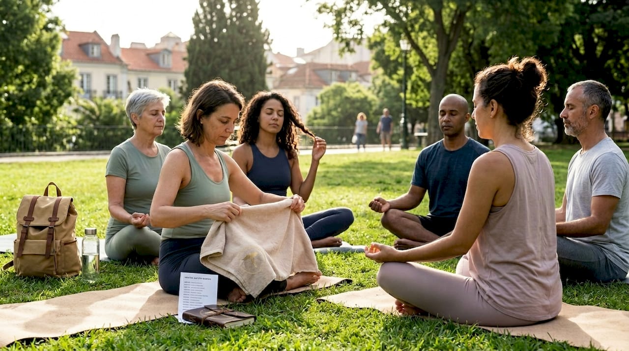 Um grupo reúne-se num estúdio para entoar mantras de yoga em conjunto.