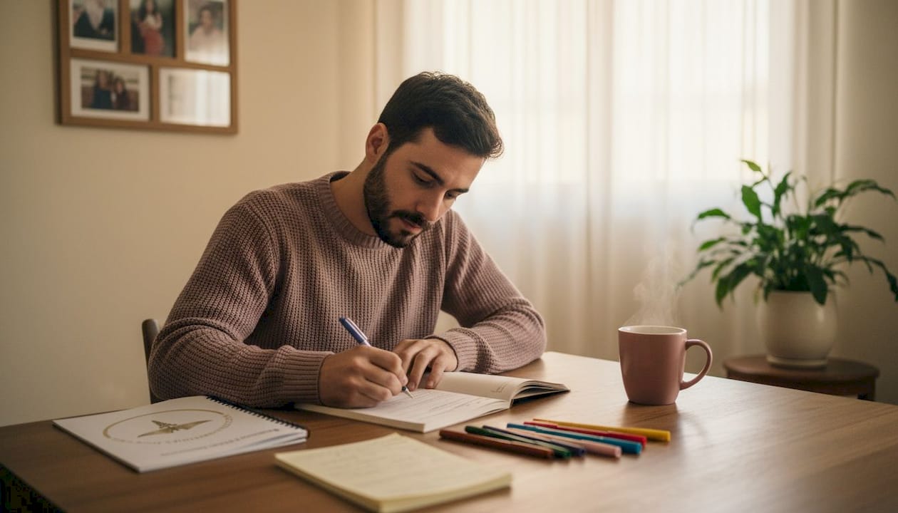 Homem responde a questionários de avaliação sobre aulas de yoga