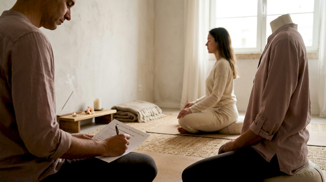 O terapeuta acompanha atentamente a sessão de yogaterapia e regista as suas observações.