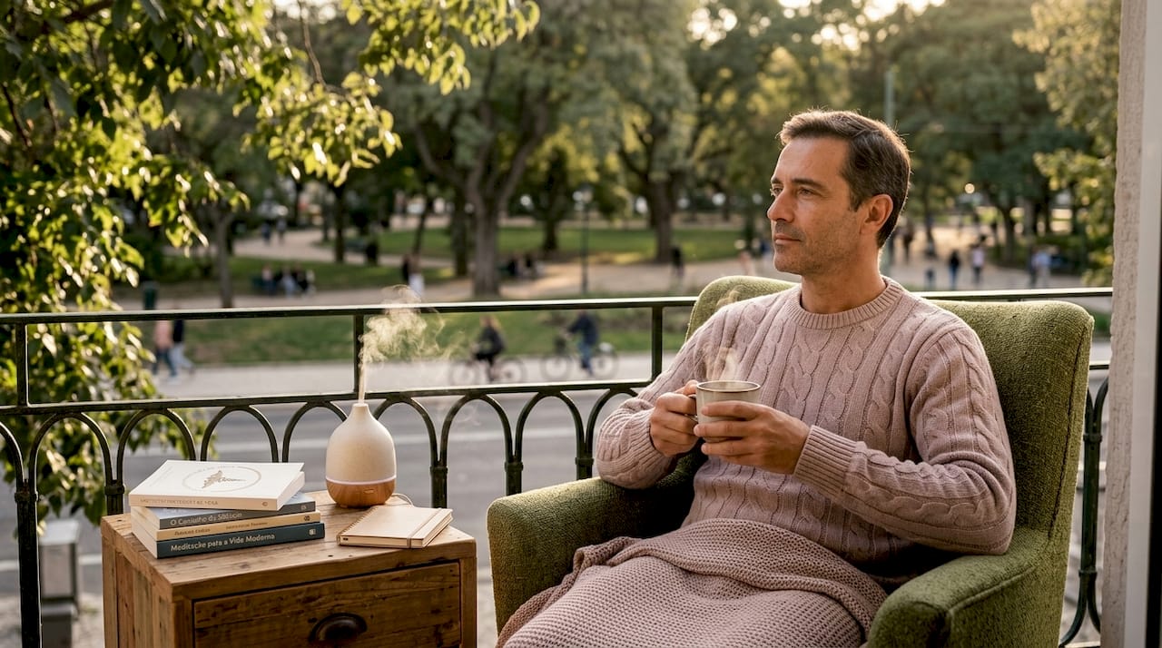 Homem tranquilo depois de uma sessão de meditação